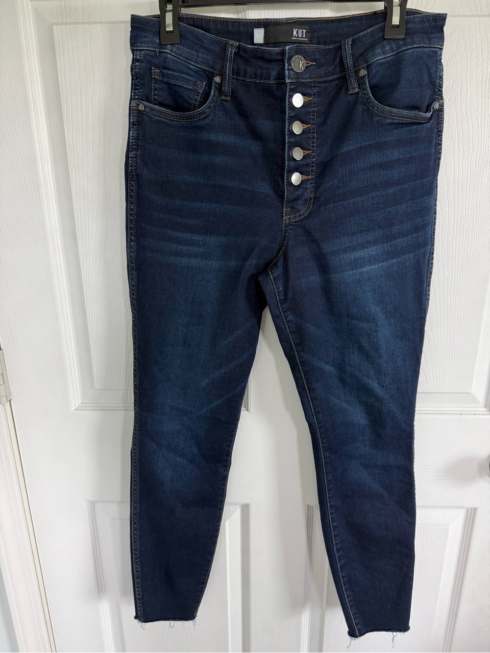 KUT From The Kloth Connie Fab Ab Ankle Skinny Jeans 10 Dark Wash Raw Hem Stretch